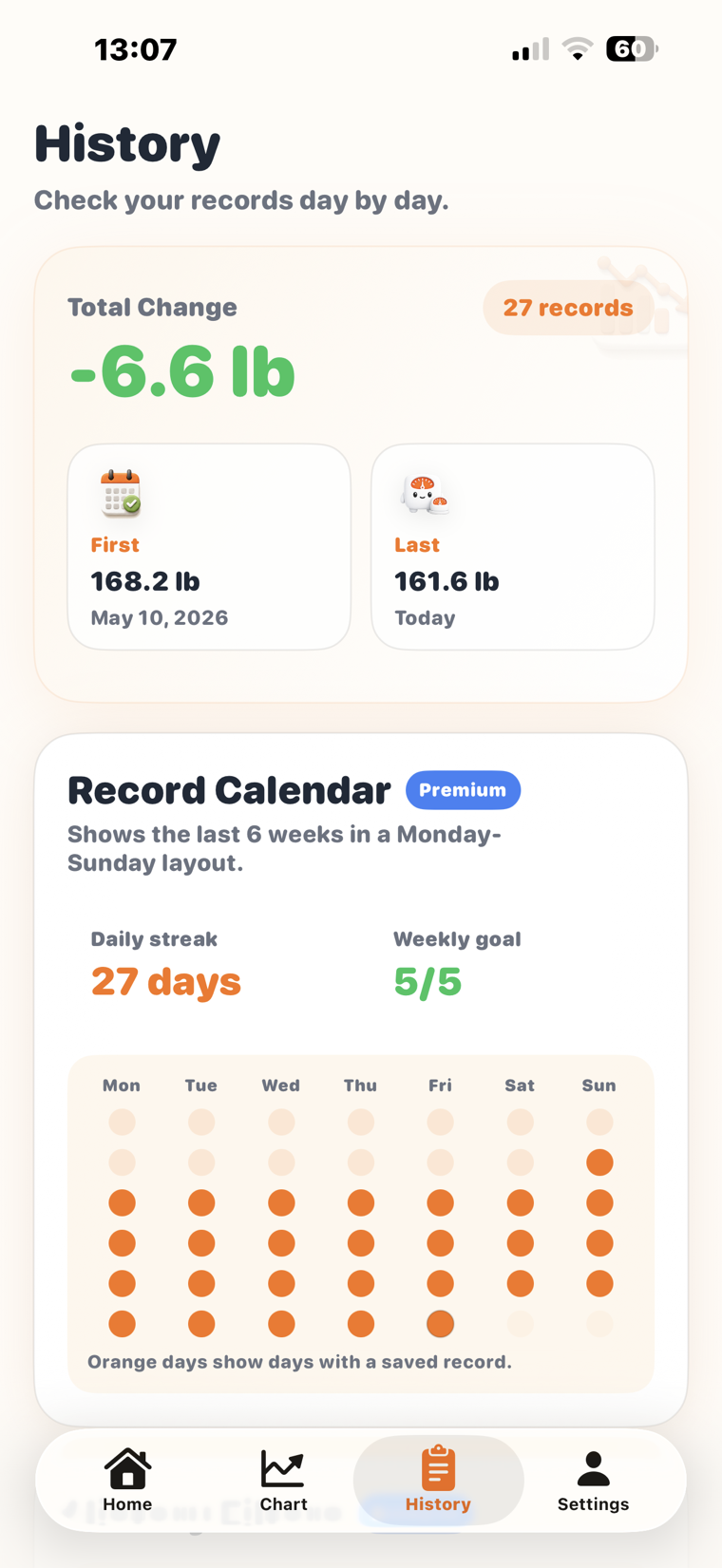 Tarto history screen with record calendar
